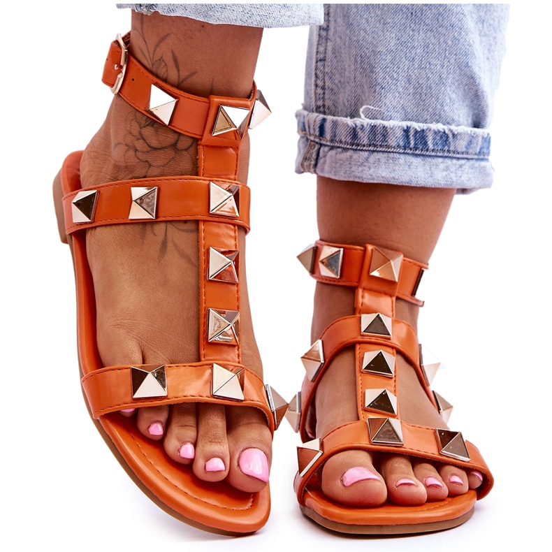 Ledersandalen für Damen mit großen Nieten Orange Mishigan