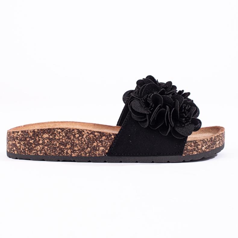 Shelovet schwarze Korkpantoffeln mit Blumen