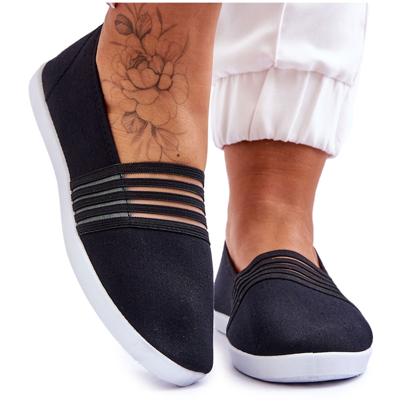 S.Barski Damen-Sneaker aus Stoff zum Hineinschlüpfen Schwarze Lilien