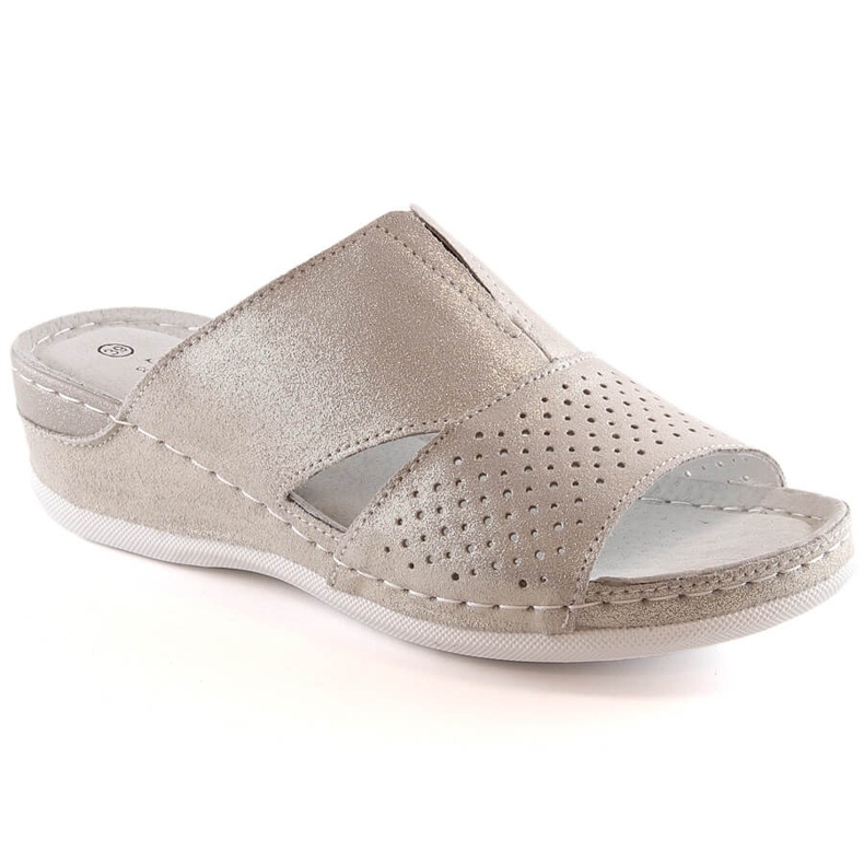 Bequeme Lederhausschuhe für Damen mit Gummiband gold S.Barski BN290 golden