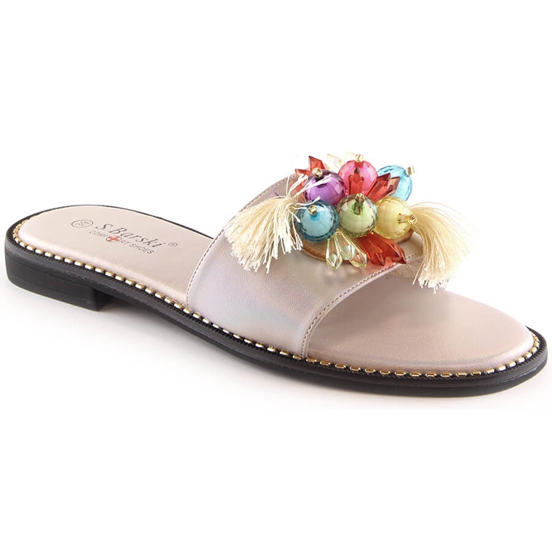 Bequeme beige flache Damensandalen mit Perlen S.Barski Kv 2775-47