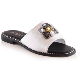 Flache bequeme weiße Damenhausschuhe mit Zirkonen S.Barski Kv 2775-31