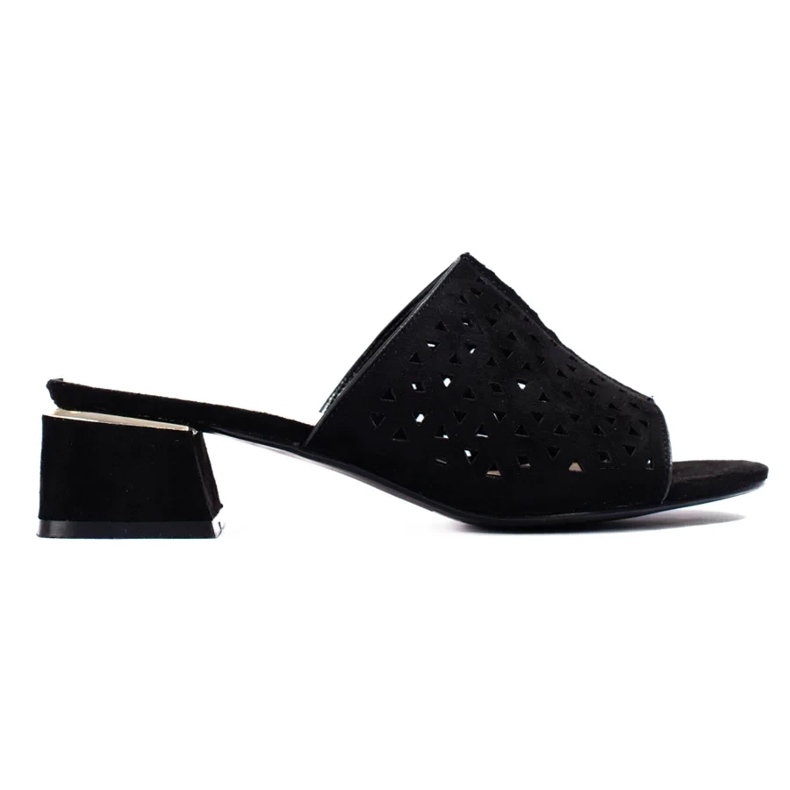 Schwarze, durchbrochene Damenpantoffeln mit niedrigem Absatz