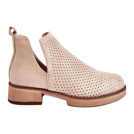 Durchbrochene Wildlederstiefel mit flachem Absatz, Beige