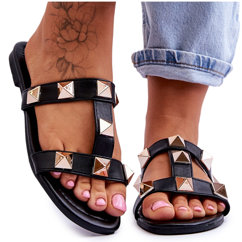 Damenhausschuhe mit großen Nieten Schwarz Mercure