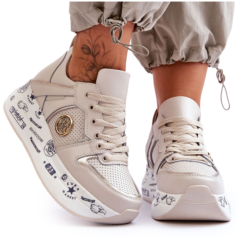 PE1 Damen-Lederturnschuhe auf einer klobigen Plattform Beige Asturias