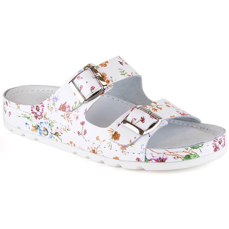 Bequeme Ledersandalen für Damen mit Blumen Helios 288 weiß