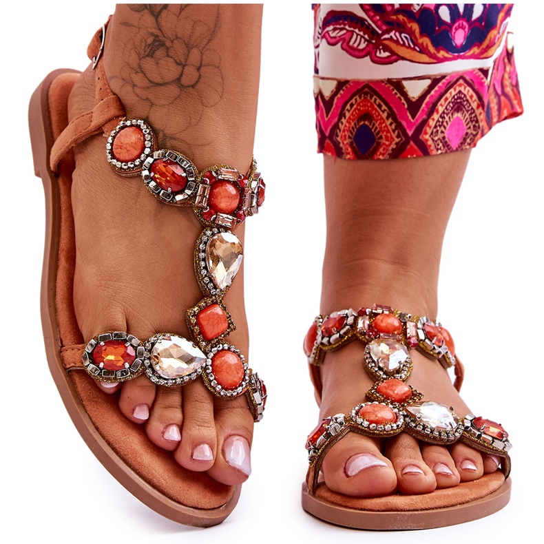 Orange Dallas Wildleder Flache Sandalen mit Steinen