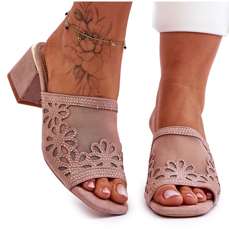 Pantoffeln mit Absatz und Mesh S.Barski KV-612-1 Nude beige