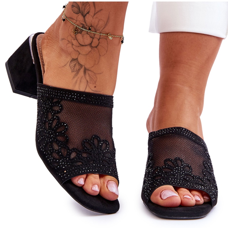 Pantoffeln mit Absatz und Mesh S.Barski KV-612-1 Schwarz