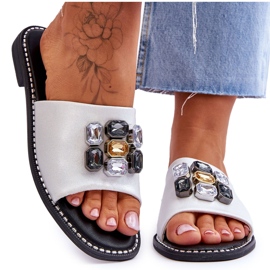 Damenhausschuhe mit Steinen S.Barski KV-2775-31 Weiß-Silber