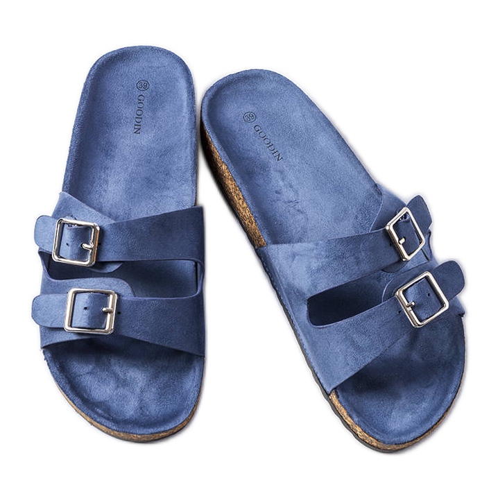 Marineblaue Pantoletten mit Cincinna-Korksohle