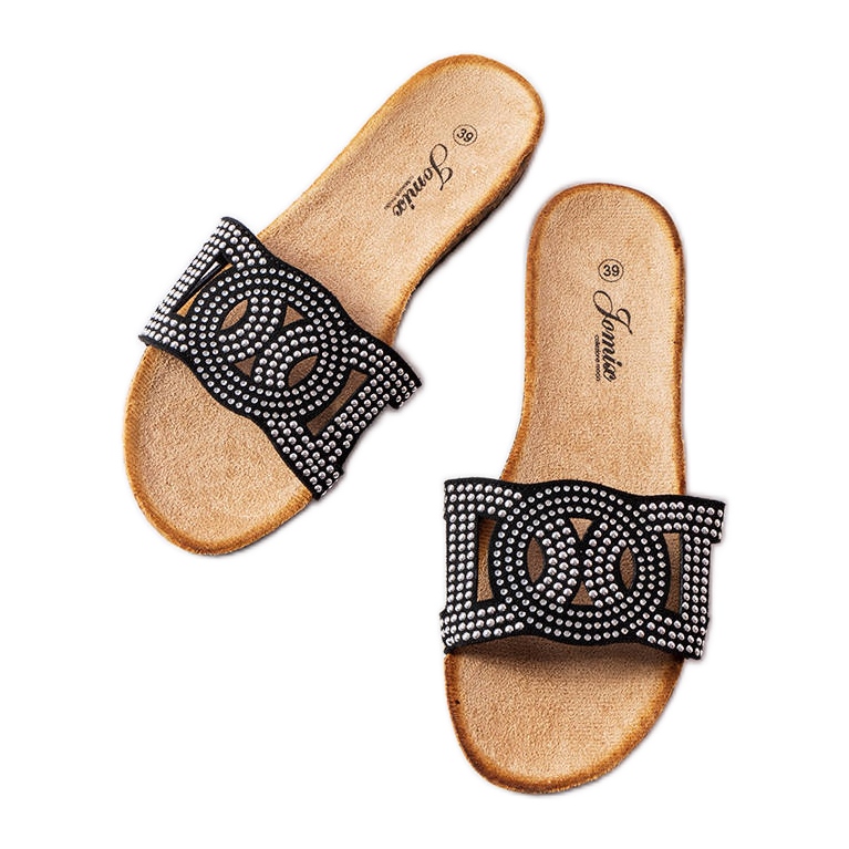 Schwarze Pantoletten verziert mit Lagacé-Jets