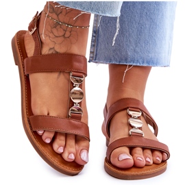 Flache Damen-Sandalen mit Zierriemen in Braunbeere