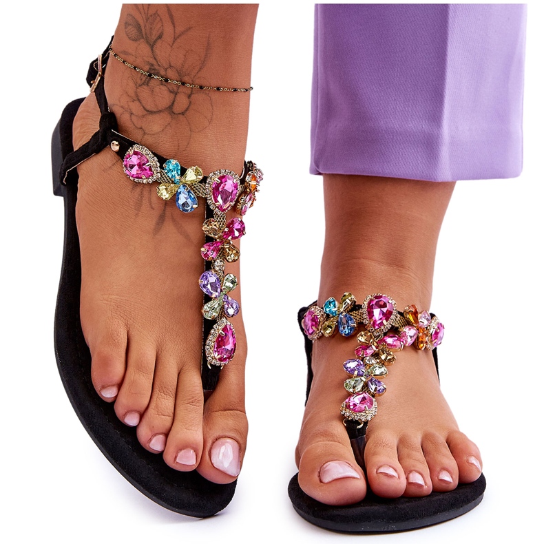 Wildleder-Flip-Flops mit Steinen in Schwarz Frency