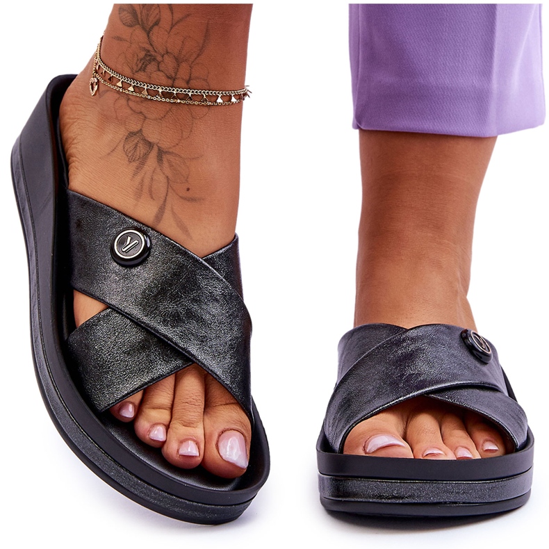 Vinceza Damen-Plateau-Hausschuhe mit Verzierung Black Brooklyn schwarz