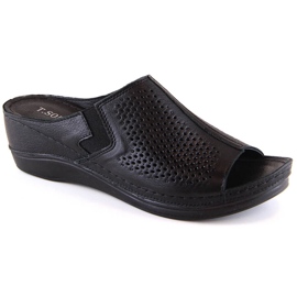 Damen-Keilsandalen aus schwarzem Leder mit Gummizug T.Sokolski L22-518