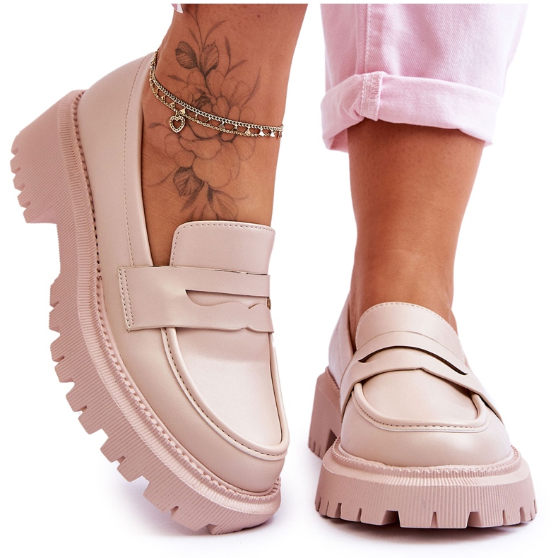 Beigefarbene Plateau-Slip-On-Loafer von Riverside aus Leder