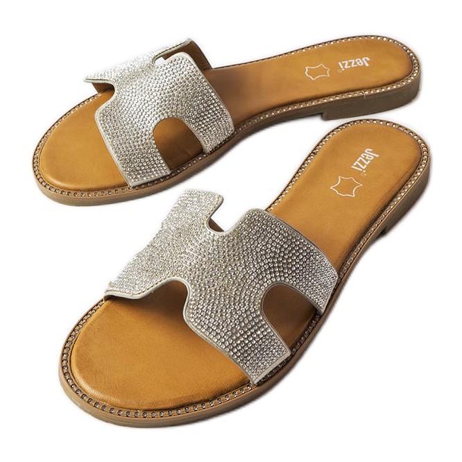 Silberne Pantoletten mit lasiertem Ledereinsatz silber-