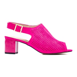 Durchbrochene Damen-Sandalen aus fuchsiafarbenem Wildleder mit Absatz von Shelovet rosa