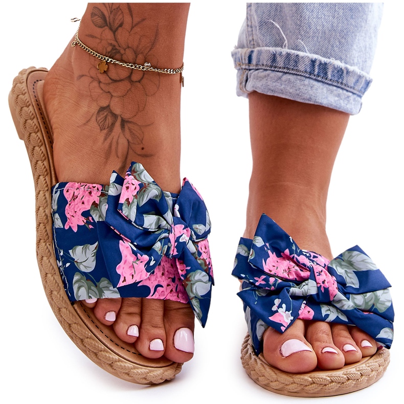 FK1 Damenhausschuhe mit Stoffschleife, marineblaue Blüte