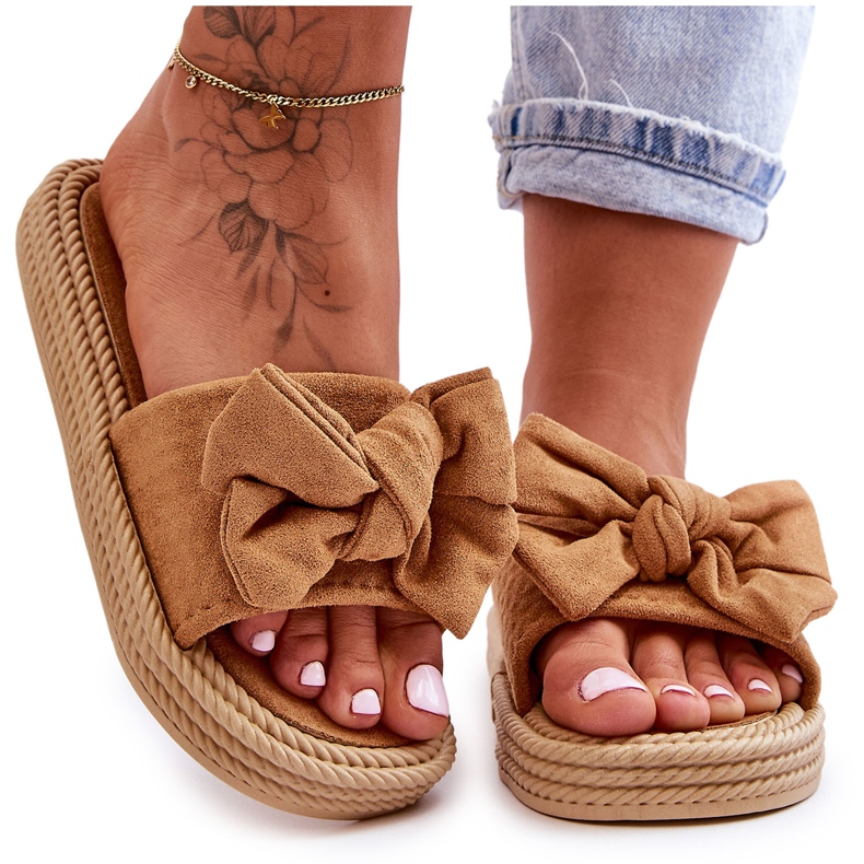 FK1 Camel Fency Damen-Hausschuhe aus Wildleder mit Schleife braun