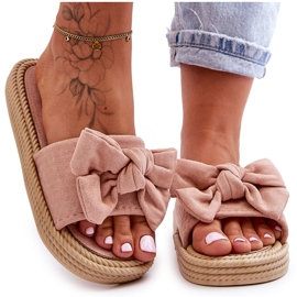 Damen-Hausschuhe aus Wildleder mit Schleife, Pink Fency beige