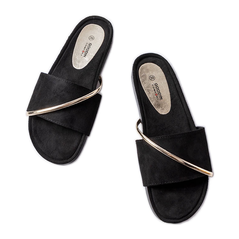 Schwarze Flip-Flops mit goldener Plainfield-Applikation