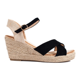 Schwarze Shelovet-Espadrilles-Sandalen mit Keilabsatz für Damen