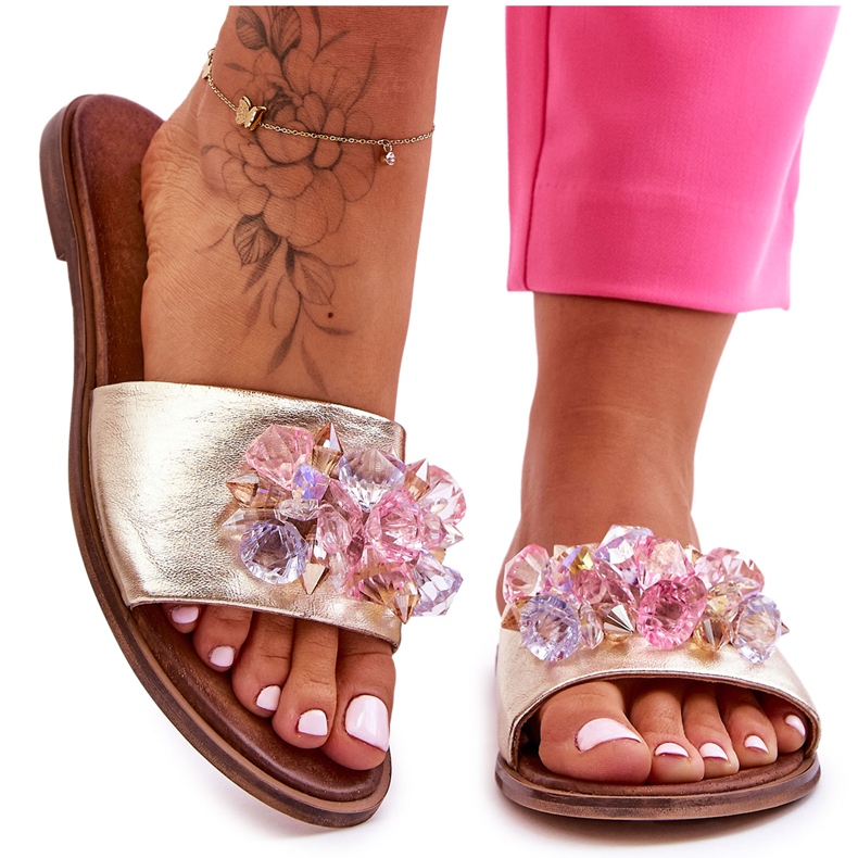 Damenhausschuhe aus Leder mit Verzierung Nicole 2726/064 Gold golden