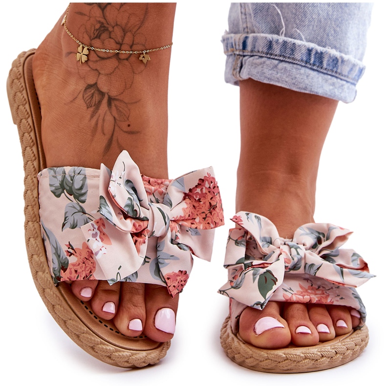 Damenhausschuhe mit Stoffschleife Beige Blossom