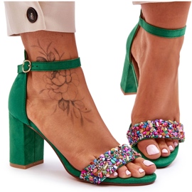 Modische High Heels Sandalen mit Ziersteinen Grün Love Me