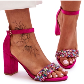 Modische High-Heel-Sandalen mit dekorativen Steinen in Fuchsia Love Me rosa