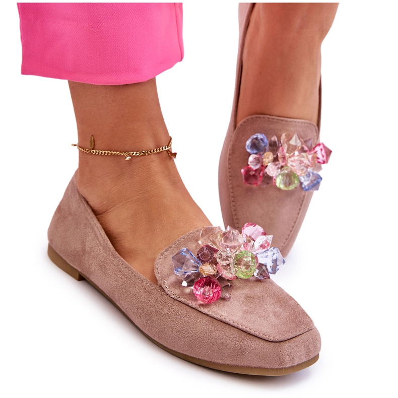 PS1 Wildleder-Loafer mit dekorativen Kristallen in Dunkelbeige von Arvilla