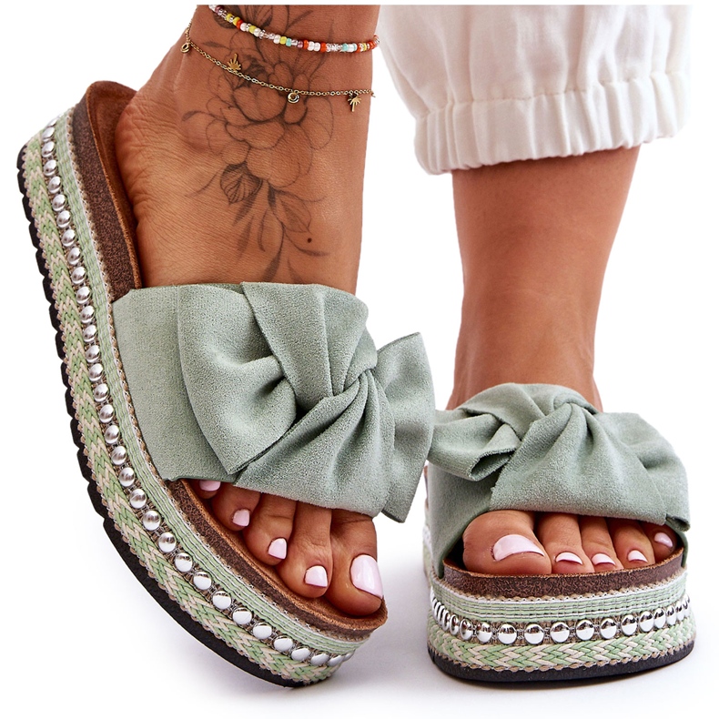 Damen-Hausschuhe aus Wildleder mit Schleife Lauria Green grün