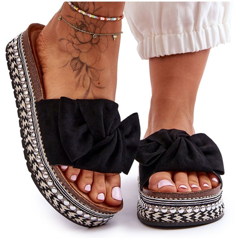 Damen-Hausschuhe aus Wildleder mit Schleife, Schwarz, Lauria