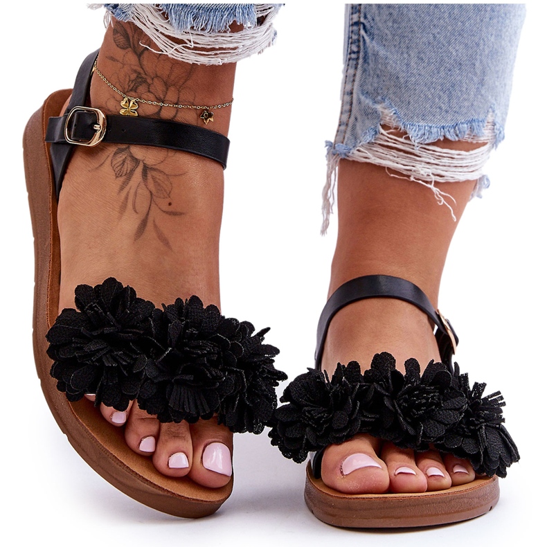 Damensandalen mit Textilblumen Schwarz Fiori