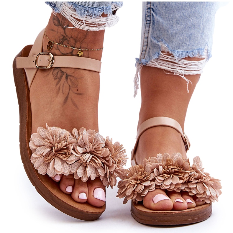 Damensandalen mit Stoffblumen Beige Fiori