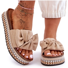 Damen-Hausschuhe aus Wildleder mit Schleife Beige Lauria