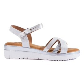 Bequeme Shelovet-Sandalen mit niedrigem Keilabsatz in Weiß und Silber