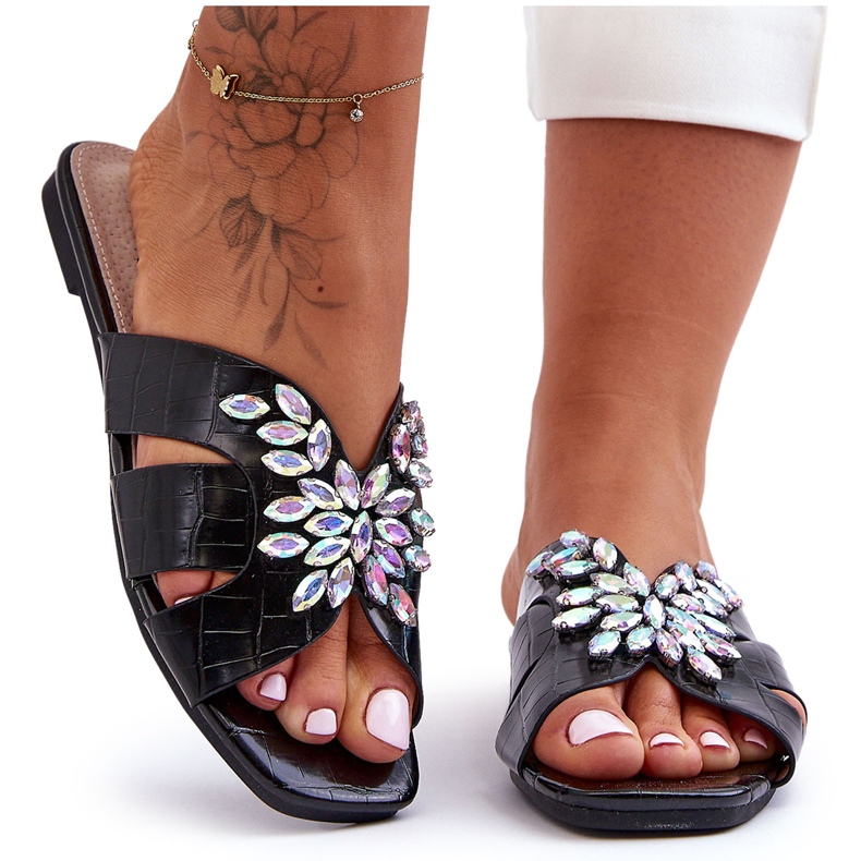 Hausschuhe mit dekorativen Steinen S.Barski 617-22 Schwarz