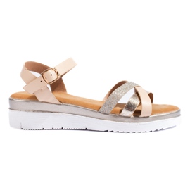 Beige-goldene Shelovet-Sandalen mit niedrigem Keilabsatz