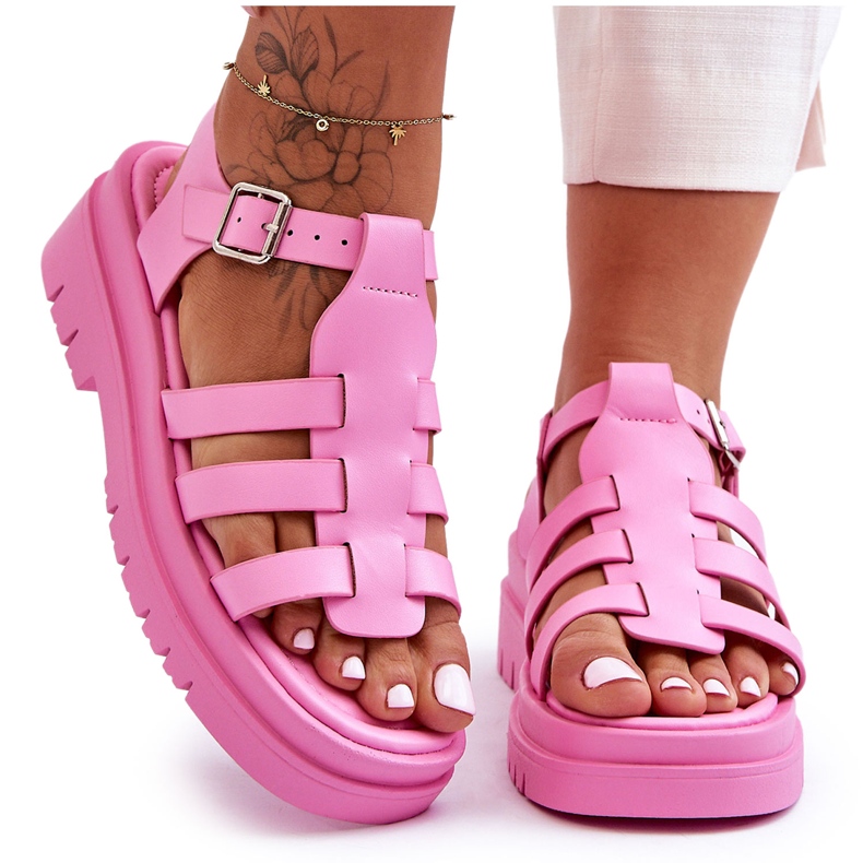 FS1 Flache Ledersandalen mit rosa Diosa-Riemen