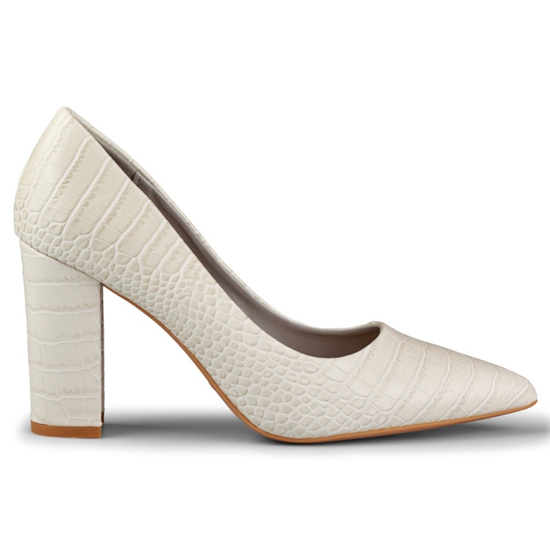 Helle Pumps auf einem Pfosten aus Öko-Leder grau