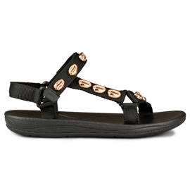Flache Damensandalen mit goldenen Verzierungen schwarz