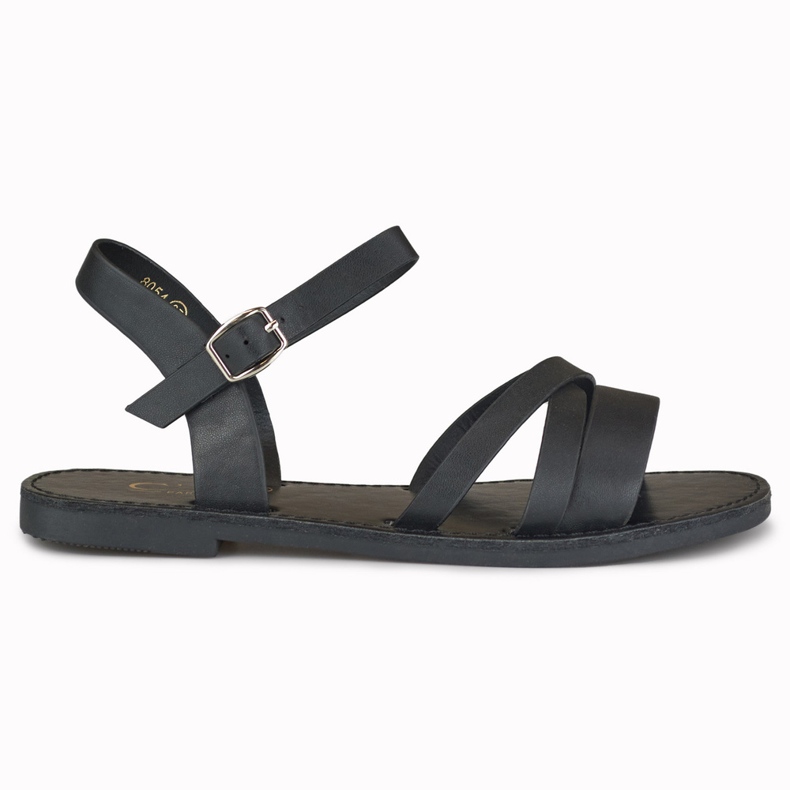 Flache schwarze Damensandalen in Violett