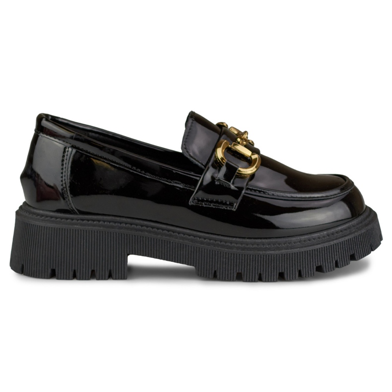 Lackierte schwarze Damen-Loafer mit Verzierung