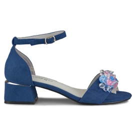Marineblaue, verzierte Sandalen mit niedrigem Absatz