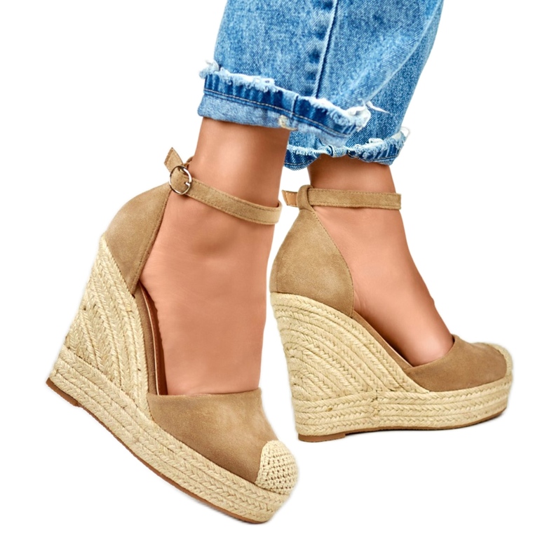 Dunkelbeige Damen-Espadrilles mit Keilabsatz