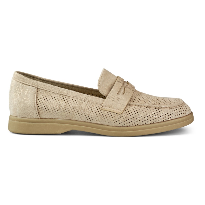 Durchbrochene Damenschuhe mit goldenem Glanz beige